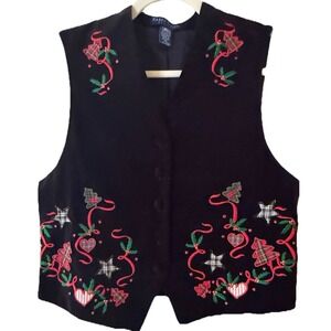 Karen Scott Women's Black Velvet Holiday Vest PM Christmas Trees Tartan Plaid